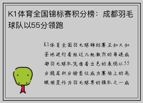 K1体育全国锦标赛积分榜：成都羽毛球队以55分领跑